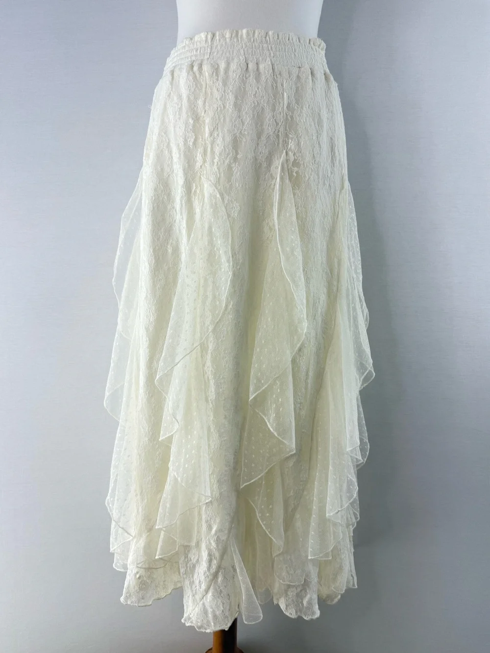 Lucky Brand Festival Ivory Lace Ruffle Elastic Waist Pull On Midi Skirt